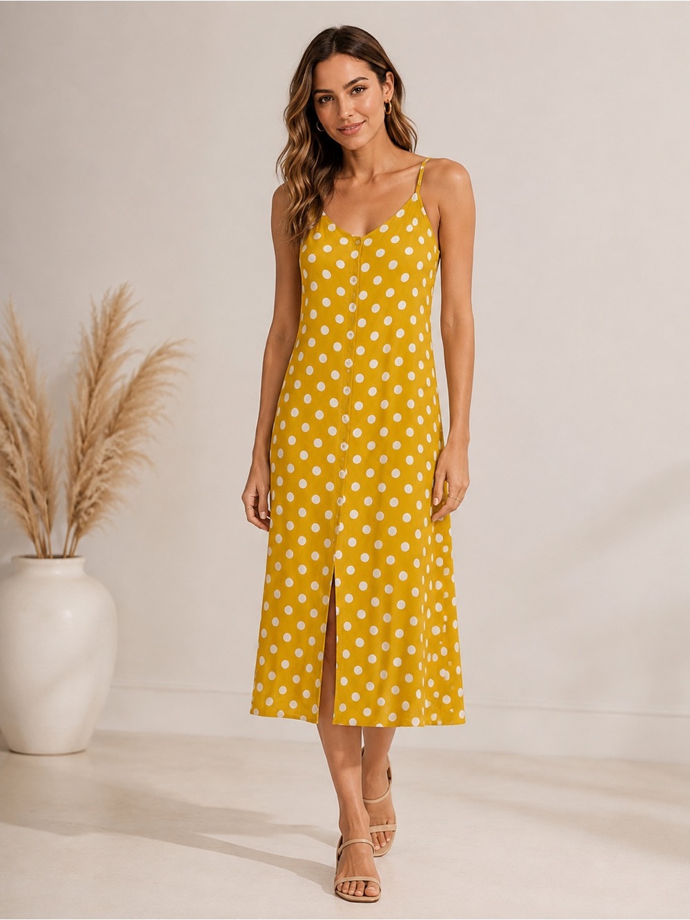 Forever 21 Yellow Polka Dot Midi Dress Size Small